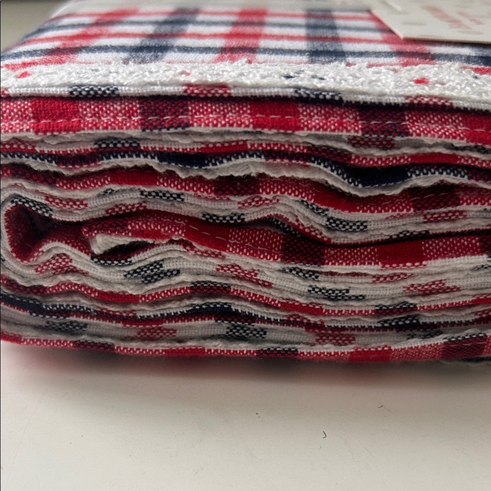 Isaac Mizrahi 4th of July Red White and Blue Gingham Oblong Tablecloth Lace Trim - Picture 7 of 8